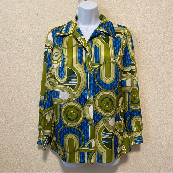 Pykettes 1970s Vintage Green Long Sleeve Button Down Shirt Disco Dagger Collar - Picture 1 of 7